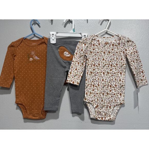Lot of 3 Carters Baby Girls 9M Bodysuits & Pant Bird Flowers Print Brown Gray - Picture 1 of 5